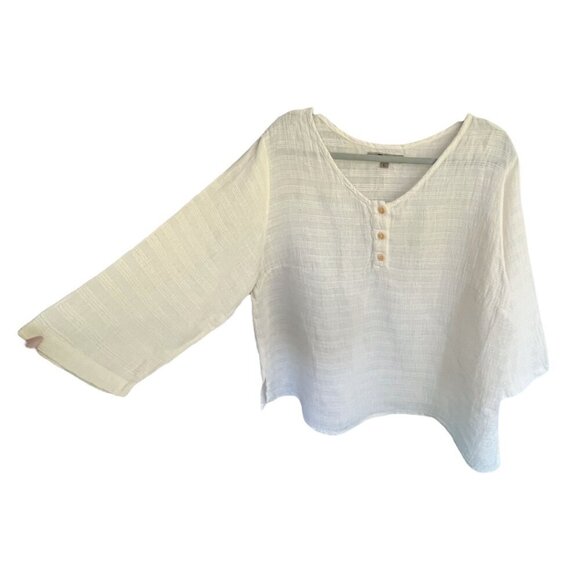 FLAX by Jeanne Engelhart 100% Linen Lagenlook Cream Ivory Blouse Tunic Top Sz Lg - Picture 1 of 7